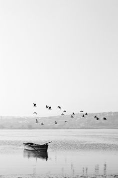 a small boat floating on top of a lake next to birds flying over the water