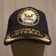 U.S. Navy Woman Veteran Cover With U.S. Navy Emblem On Front. And Women Veteran On Bill. On Right Side Woman Warrior. On Back Woman Veteran U.S.N. Adjustable Back Strap. Us Navy Women, Navy Emblem, Veteran Hats, Goofy Face, Woman Warrior, Brown Hats, Red Fits, U S Navy, Black Cap