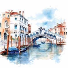 watercolor painting of gondola bridge in venice, italy