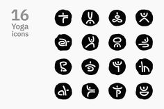 the yoga icons are shown in black and white, with different symbols on each one