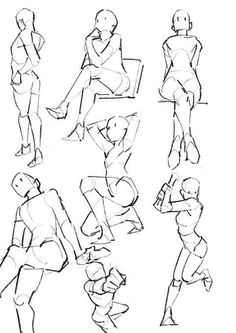 some sketches of people sitting and standing in different positions, with their hands on their hipss