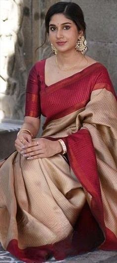 Beige and Brown color Saree in Art Silk, Silk fabric with Weaving work Silk Blouse Pattern Design, Beige Saree With Contrast Blouse, Wedding Blouse Piece With Weaving Work In Multicolor, Saree Designs Latest For Wedding, Beige Colour Saree, Brown Color Saree, Traditional Saree Blouse Designs, Saree Combination, Silk Blouse Pattern