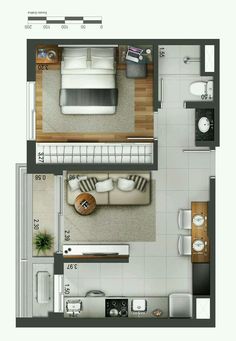 an overhead view of a bedroom, living room and kitchen area in a small apartment