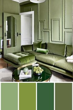 a living room with green walls, furniture and decor in shades of light green from left to right