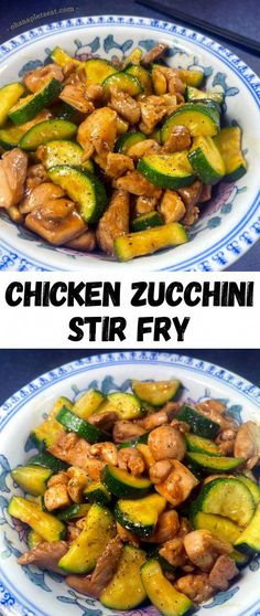 chicken zucchini stir fry is shown in two separate plates