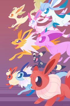 many different colored pokemons are flying in the air with their tails spread out and eyes open