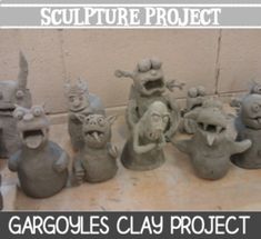 the sculptures are made to look like they're from cartoon character movie characters, with caption that reads sculpture project gargolles clay project