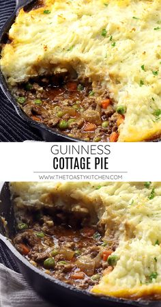 guinness cottage pie in a cast iron skillet on a white background with text overlay