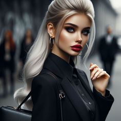 a woman with long blonde hair and red lipstick is holding a black bag in her hand