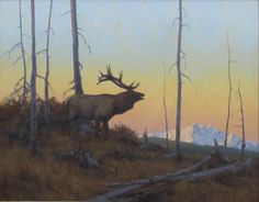 a painting of an elk in the woods