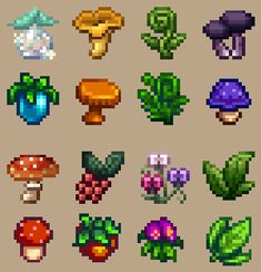 the different types of plants and mushrooms are shown in pixel art style, including leaves, mushrooms