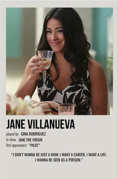 a woman sitting at a table with a glass in her hand and the caption jane villanua