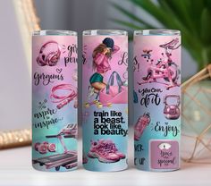 three pink tumbles with pictures of women on them and the words, you can do it