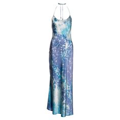 ▪ Roberto Cavalli blue and purple silk maxi dress ▪ Acid wash print with gold glitter ▪ Scoop neck ▪ Halter ties with crystal charms ▪ Size Medium ▪ Spring-Summer 1999 ▪ 100% Silk Vintage Roberto Cavalli, Roberto Dress, Roberto Cavalli Dress, Cavalli Dress, Silk Evening Gown, Silk Evening Dress, Evening Mini Dresses, Quilt Dress, Open Back Maxi Dress