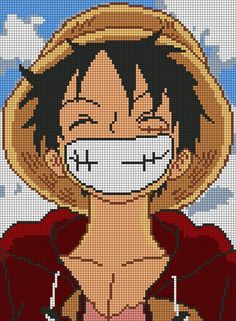 a cross stitch pattern of gohan from one piece, with his eyes closed and mouth wide open