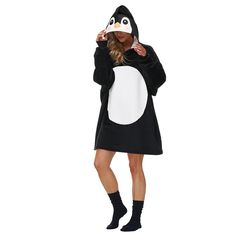 Black Penguin Cartoon Print Blanket Hoodie Black Hoodie With Adjustable Hood For Loungewear, Black Hooded Sweatshirt For Loungewear, Comfortable Black Hoodie, Black Hooded Outerwear For Loungewear, Cozy Black Hoodie With Drawstring Hood, Penguin Cartoon, Blanket Hoodie, Print Blanket, Cartoon Print