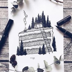 a drawing of a mountain with a ladder going up to the top