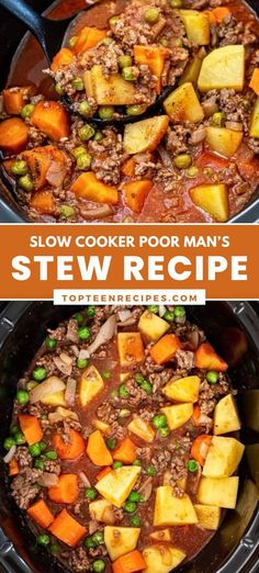 the slow cooker is filled with stew and vegetables