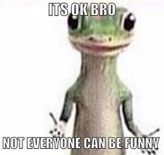 a green frog sitting on top of a wooden pole with captioning it's ok bro not everyone can be funny