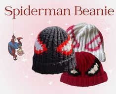 three knitted hats with spiderman beanies hanging from the top, and one is red white and blue