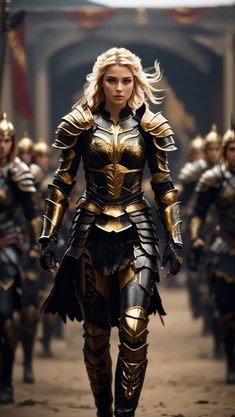 a woman in armor is walking down the street with other people behind her, all dressed in gold and black