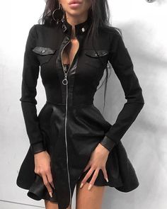 Winter Stil, Elegantes Outfit, Black Long Sleeve Dress, Mini Dress Casual, Slim Dresses, Long Sleeve Mini, Leather Dress, Black Laces, White Casual