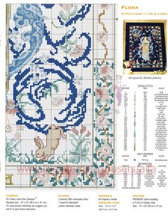 a cross stitch pattern with an image of a dog and flowers on it, in blue