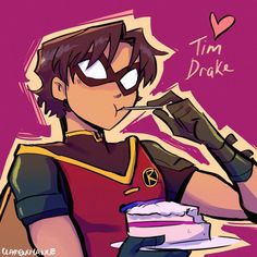 an anime character holding a cake with the words tim drake written on it in front of him