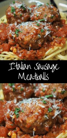 italian sausage meatballs on top of spaghetti