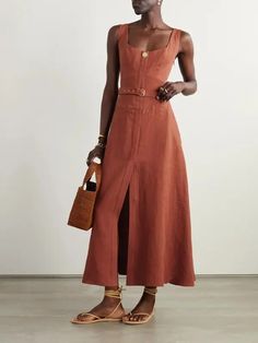 Le Kasha Subu Belted Linen Midi Dress - Brown | Editorialist Classy Spring Outfits, Sunset Dinner, Fashion Courses, Style Muse, Resort Dresses, Linen Midi Dress, Mykonos, Linen Dress, Tulum