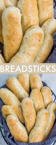 breadsticks in a bowl with the words breadsticks on top and bottom