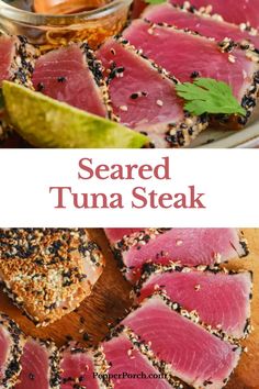 seared tuna steak with sesame seeds and garnishes