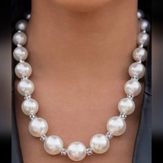 Brilliant White Rhinestone Clusters And Shiny Silver Beads Accent A Strand Of Lusciously Oversized Pearls, Creating A Stylish Display Below The Collar. Features An Adjustable Clasp Closure. White Beaded Crystal Rhinestone Necklace, White Beaded Rhinestone Pearl Necklace, White Pearl Rhinestone Necklace For Party, Green Pendant Necklace, Sliver Earrings, White Beaded Necklaces, Orange Necklace, Pearl Necklace Vintage, Green Pendants