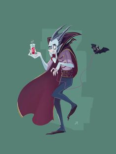 a drawing of a man dressed as dracula holding a bottle with a bat on it