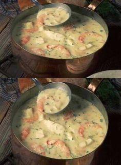 two pictures of shrimp chow mein being cooked in a pot with a ladle full of soup