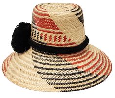 These hats are handmade by the men of the Wayuu tribe, both in Colombia and Venezuela. Iraca palm fiber is treated and dyed, and it takes around 8 hours of work to make. Because of the way they are weaved, the hats can be made smaller or wider, which makes them fit many heads. They can be worn fully down (to protect your face), front down and back up, or totally up. Pompoms are very important in the Wayuu culture. Bigger pompoms mean that you have financial comfort. This hat measures about 21in Handwoven Natural Bucket Hat, Artisan Handwoven Hat With Curved Brim, Handwoven Palm Leaf Fedora Hat, Handwoven Short Brim Hats In Natural Fiber, Artisan Woven Short Brim Sun Hat, Handwoven Natural Fiber Hats With Short Brim, Handwoven Palm Leaf Fedora, Natural Handwoven Straw Bucket Hat, Natural Color Handwoven Straw Bucket Hat