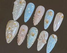 Flower Nails,diamond Hand Painted Nail,custom Press on Nails,3d Nails,gel Nails,acrylic Nails ,fake Nails,nail Art,french Nails,floral Nail - Etsy Cancun Vacation Nails, Sea Witch Nails, 3d Shell Nails, Bachelorette Nails Bridesmaid, Sea Themed Nails, Sea Shell Nails, Nessa Nails, Sea Nail Art, Shell Nails