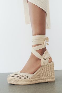 TIED CROCHET WEDGES Beige Wedge Sandals With Ankle Strap And Wrapped Heel, Beige Ankle-tie Heels For Summer, Summer Ankle Tie Heels In Beige, Beige Ankle Tie Heels For Summer, Zara Wedge Sandals With Platform, Zara Platform Wedge Heel Sandals, Zara Platform Wedge Sandals, Zara Platform Wedge Heels, Zara Wedge Heels For Spring