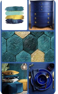 blue and gold furniture is featured in this collage with different colors, textures and patterns