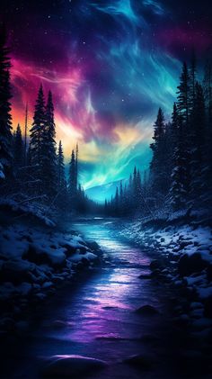 the night sky is lit up with colorful lights and stars above a stream in snow covered forest