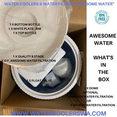 the contents of a water filtrator in a box with instructions on how to use it