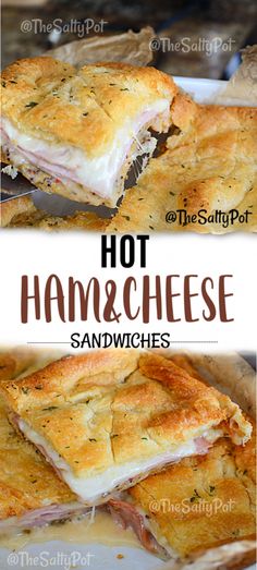 hot ham and cheese sandwiches with text overlay