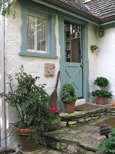 a house with potted plants on the steps and a blue door in front of it