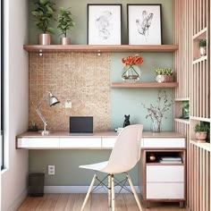 a white chair sitting in front of a desk