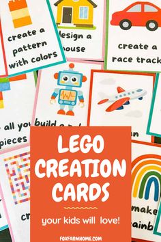 lego creation cards with the text lego creation cards your kids will love on top of them