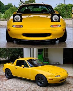 two pictures of a yellow sports car in front of a house