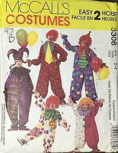 an adult and two children's clown costumes with balloons on the front, as well as