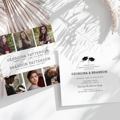 two photos of people are shown on the front and back of this graduation party card