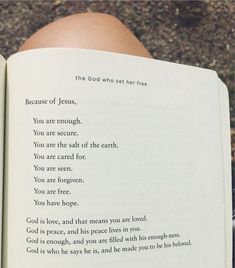 an open book with the words because of jesus, you are enough