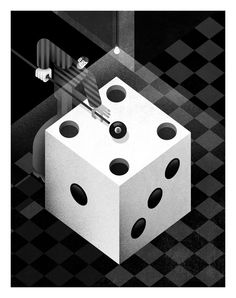 a white dice sitting on top of a black and white checkered floor